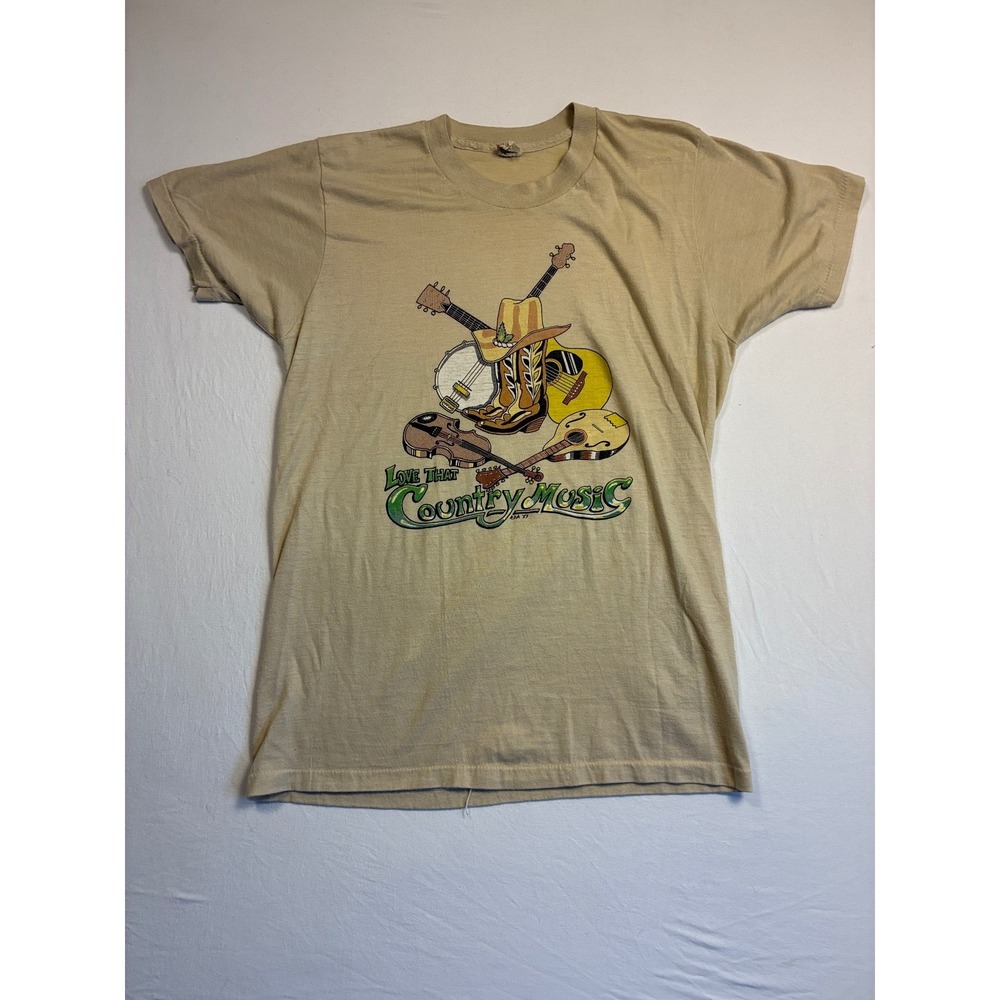 Vintage 1980s Screen Stars Love That Country Music Beige T-Shirt L Single Stitch